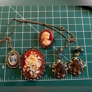 Vintage Lot Costume Cameo Earrings Pin Necklace